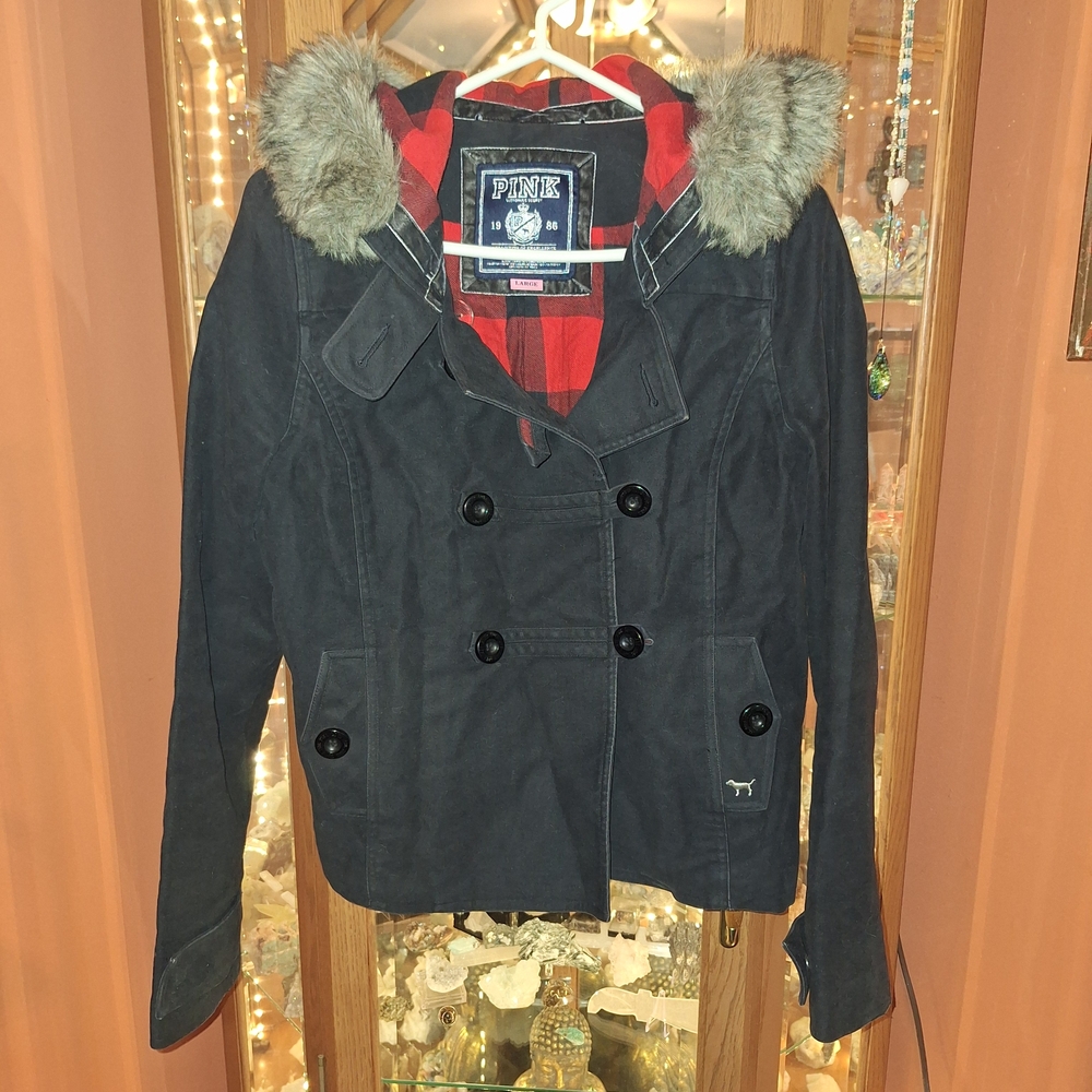PINK Victoria's Secret Black Peacoat with Red Plaid Lining and Faux Fur Trim - Picture 16 of 16